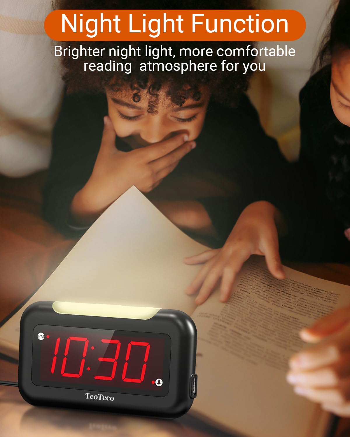 TeoTeeo Alarm Clock with Red Digits,3 Level NightLight Alarm Clocks for Bedrooms,Plug in Digital Clock with USB Charging Port,Adjustable Volume,Dimmable,Snooze,Alarm Clock for Kids