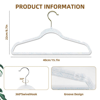 Clear Plastic Hangers 20 Pack - Non-Slip Coat and Clothes Hangers with Bling Glitter for Weddings - Lightweight and Space Saving Hangers for Closet Organization (Blue Glitter)