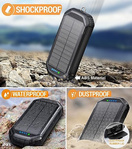 Solar Power Bank 36000mAh,Solar Charger Wireless Built in 3 Cables IPX5 Waterproof Portable Solar External Battery Pack with 3 Input 4 Output 15W USB C Port Camping Flashlight iPhone Samsung Tablet