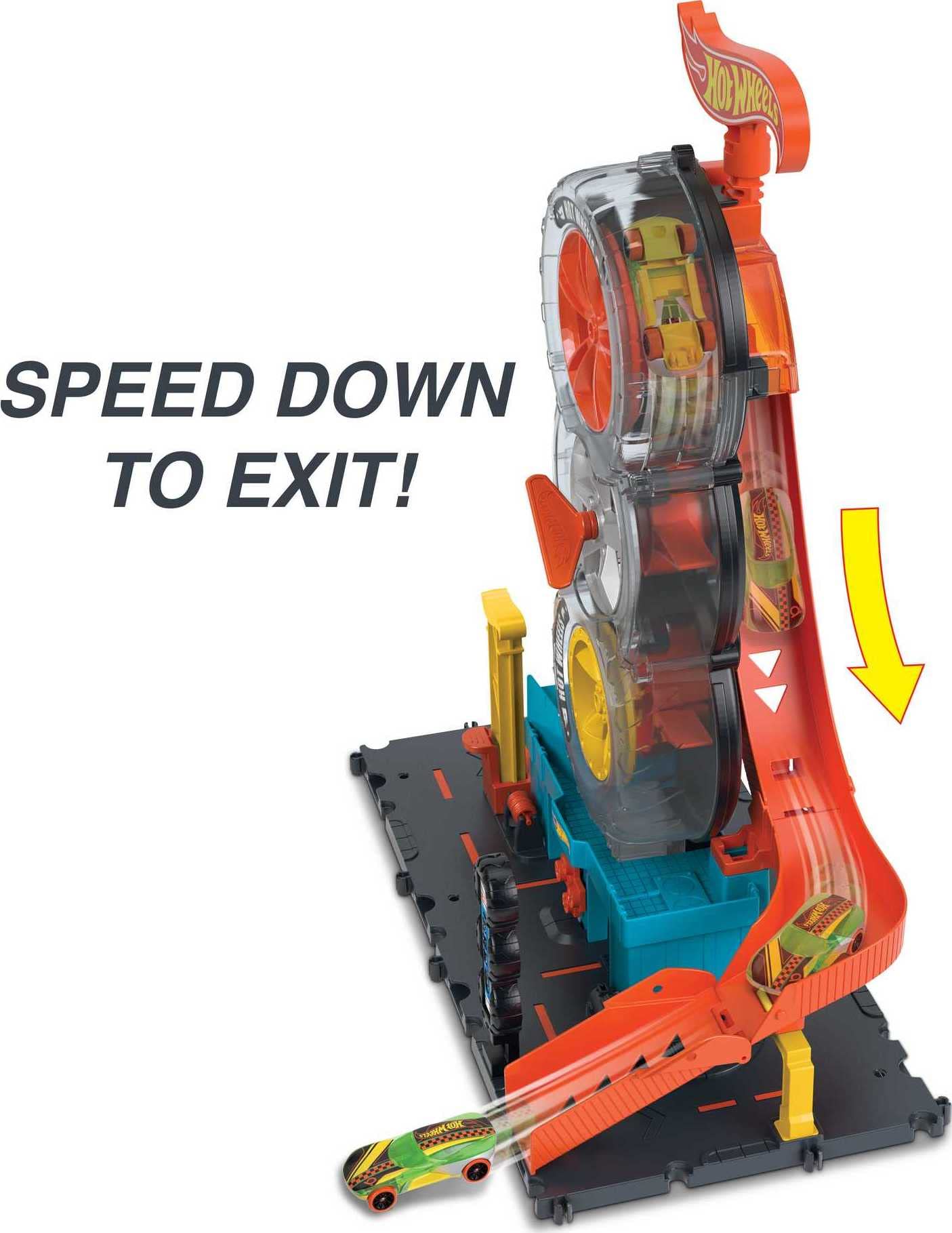 Hot Wheels City Super Twist Tire Shop Playset, Spin the Key to Make Cars Travel Through the Tires, Includes 1 Hot Wheels Car, for Kids 4 to 8 Years Old (Amazon Exclusive)