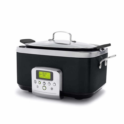 GreenPan Elite 8-in-1 Programmable 6QT Electric Slow Cooker, Dishwasher Safe Lid & Removable Crock, PFAS-Free Healthy Ceramic Nonstick Multi-Cooker, Sear, Sauté/Brown, Steam Basket, Roast, Black