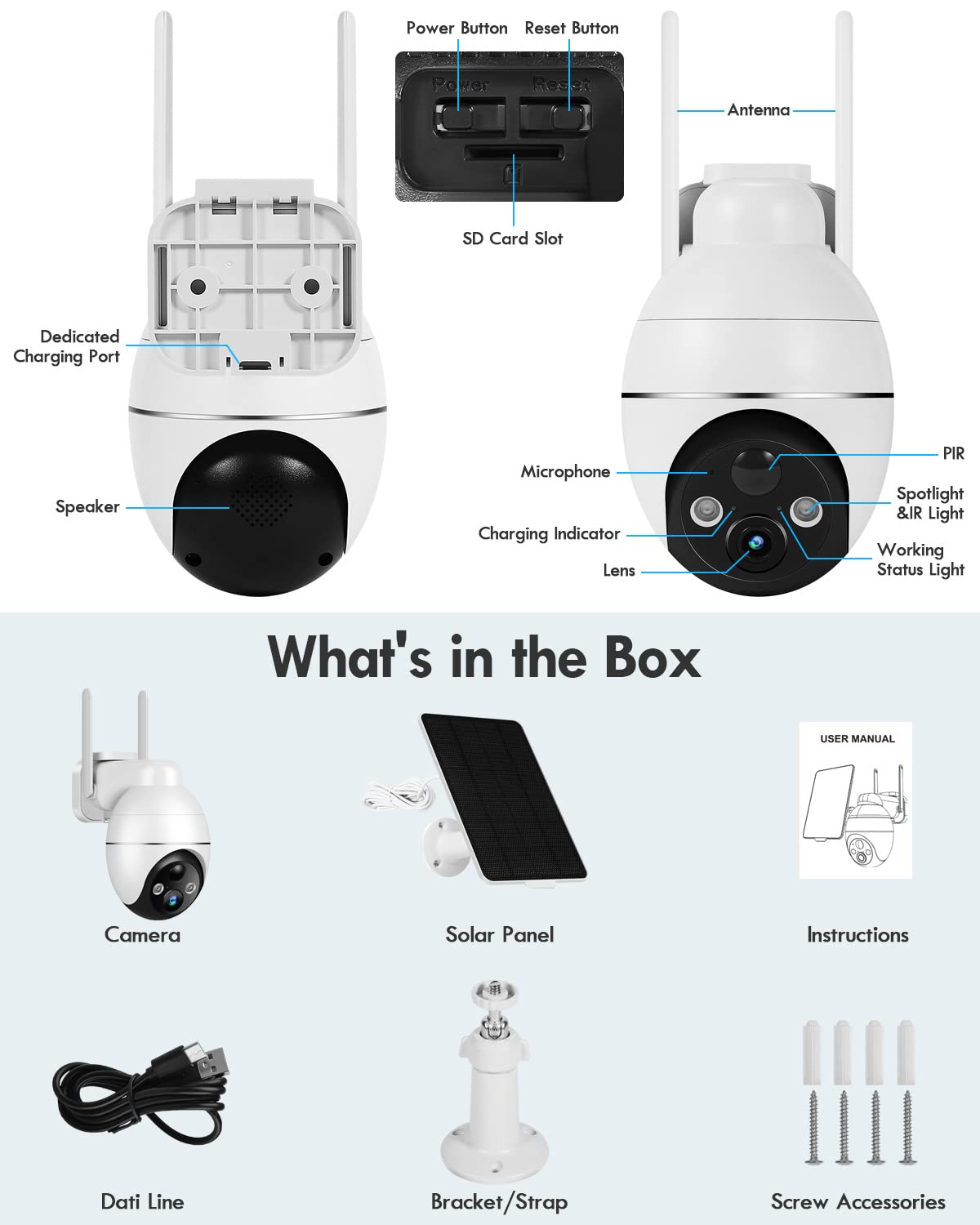 Recacam Solar Security Cameras Wireless Outdoor, 2K PTZ Solar Cameras for Home Security, 2.4G Wi-Fi Outdoor Camera Wireless with PIR, 2-Way Talk, IP65, 4dbi, Spotlight/Siren, Color Night Vision