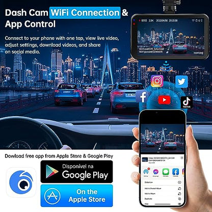 Dash Cam Front and Rear, Dash Camera for Cars WiFi/APP Control Dual Dashcam W/ 64GB Card, 2.5K Dash Cam Front+1080P Rear Car Camera W/Super Night Vision, Loop Recording, G-Sensor, Max Support 256GB