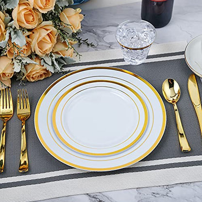 Vplus 175PCS White and Gold Disposable Dinnerware Sets for Wedding Party 25 Guests 25 Dinner Gold Plastic Plates 25 Dessert Plates & 25 Gold Paper Napkins & 25 Gold Plastic Silverware Set
