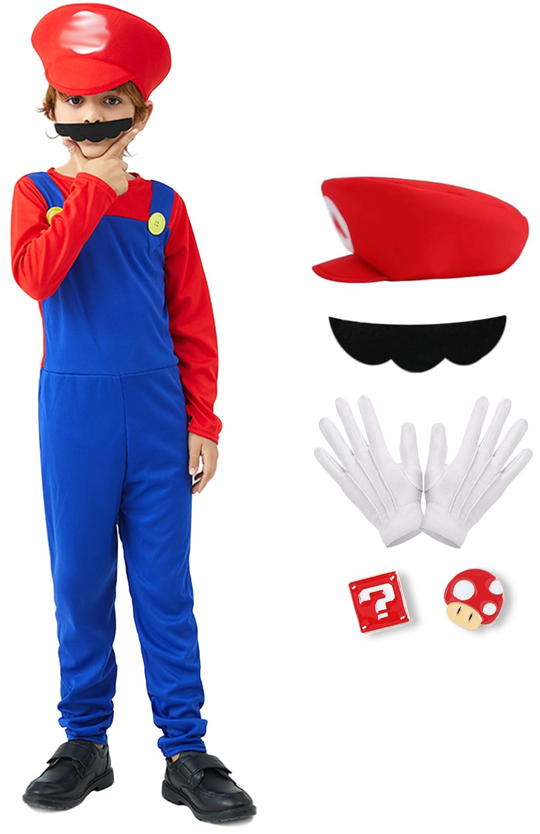 TIDAXU Plumber Mario Costume for Kids Boys Halloween Cosplay Super Brother Costume with Accessory Hat Mustache Gloves (Red, Medium)