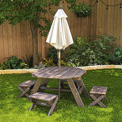 KidKraft Wooden Octagon Table, Stools & Umbrella Set, Kids’ Outdoor Furniture, Gift for Ages 3-8, Amazon Exclusive