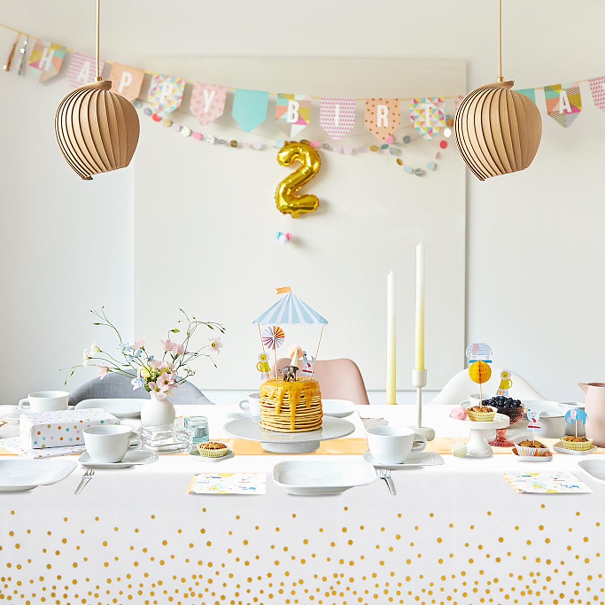 WDF 16Pack White and Gold Plastic Tablecloths Gold Table Runners - 54 x 108 Inch Gold Dot Rectangle Tablecloth 12 x 108 Inch for Parties/Wedding/Thanksgiving