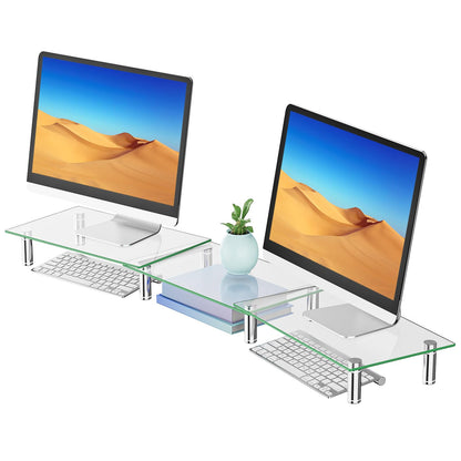 WALI Dual Monitor Stand, Computer Monitor Stand Adjustable Length and Angle Dual Monitor Riser, Desktop Organizer, Monitor Stand Riser for PC, Computer, Laptop (GTT007), Clear