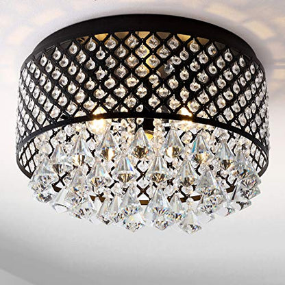 JONATHAN Y JYL6143A Evelyn 17" 3-Light Crystal Drops/Metal LED Flush Mount, Classic, Transitional, Traditional, Glam, Dimmable, 2700K Warm Light Kitchen,Hallway,Bathroom,Stairwell, Black/Clear