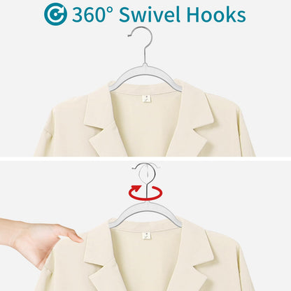 ABHENG 20 Pack Clothes Hangers, Non Slip Plastic Coat Hangers, 360°Swivel Hook, Space Saving, 0.2 Inches Thick, Heavy Duty, Hanging Dry Wet Clothes, White + Silver, UAPY0120W
