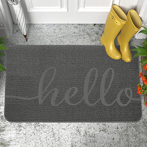 MatEssenz Front Door Mat, Durable Hello Door Mat Outdoor, Resist Dirt Welcome Mat for Shoes Scraper, Low Profile Indoor Door Mats, Doormat for Entrance, Garage, High Traffic Area(24X36, Grey)