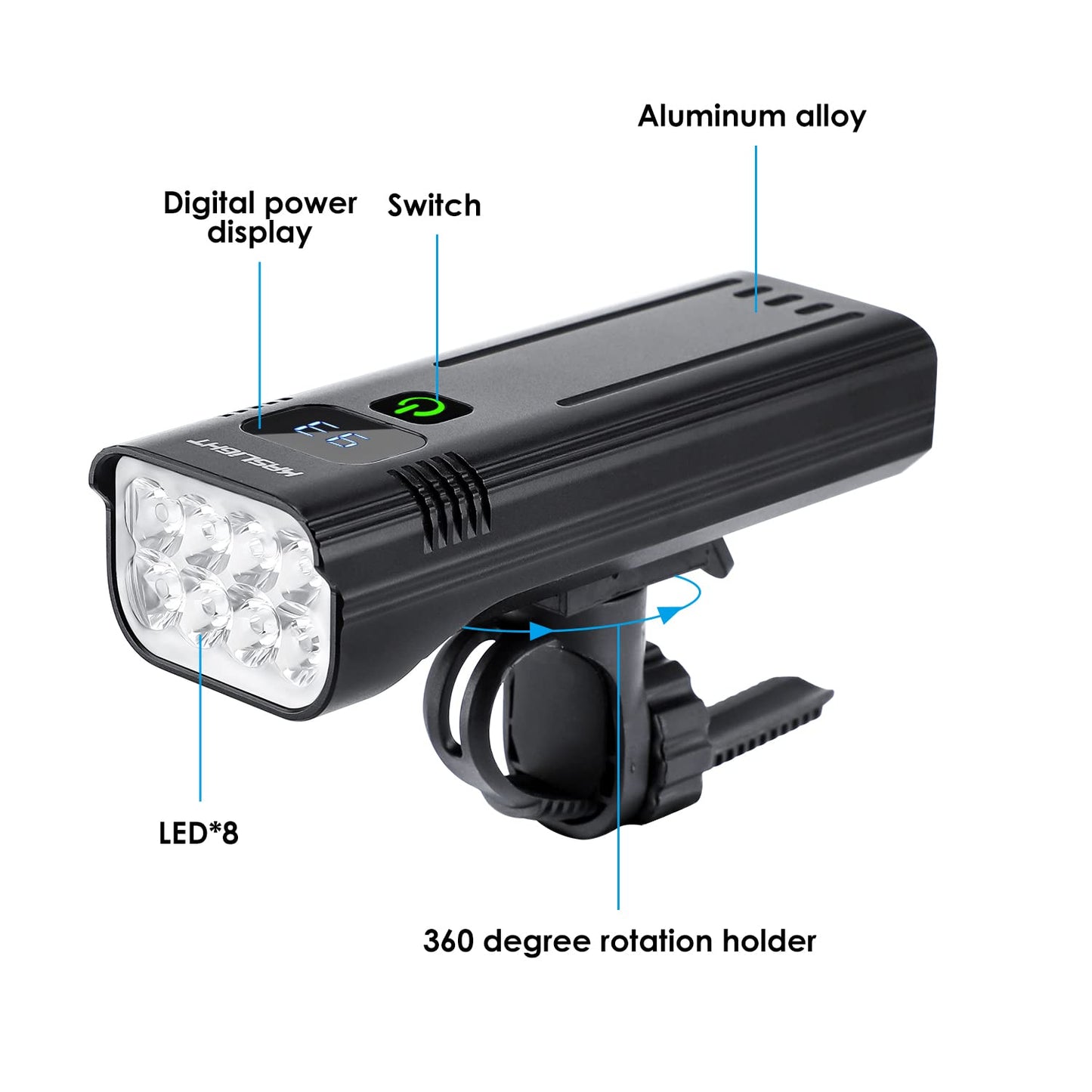 Bike Lights, KASLIGHT 8 LED Rechargeable Bike Light, 10000mAh Bright Bike Lights Front and Back 5modes Digital Display USB Bicycle Light, Bike Headlight Runtime 18+Hrs for Road Mountain Cycling