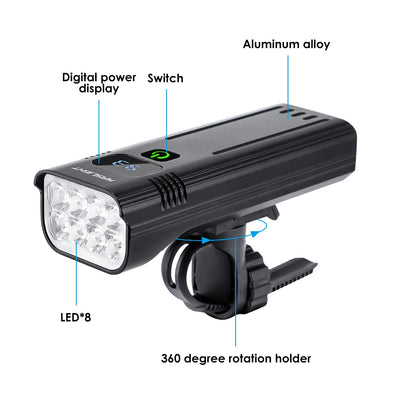 Bike Lights, KASLIGHT 8 LED Rechargeable Bike Light, 10000mAh Bright Bike Lights Front and Back 5modes Digital Display USB Bicycle Light, Bike Headlight Runtime 18+Hrs for Road Mountain Cycling