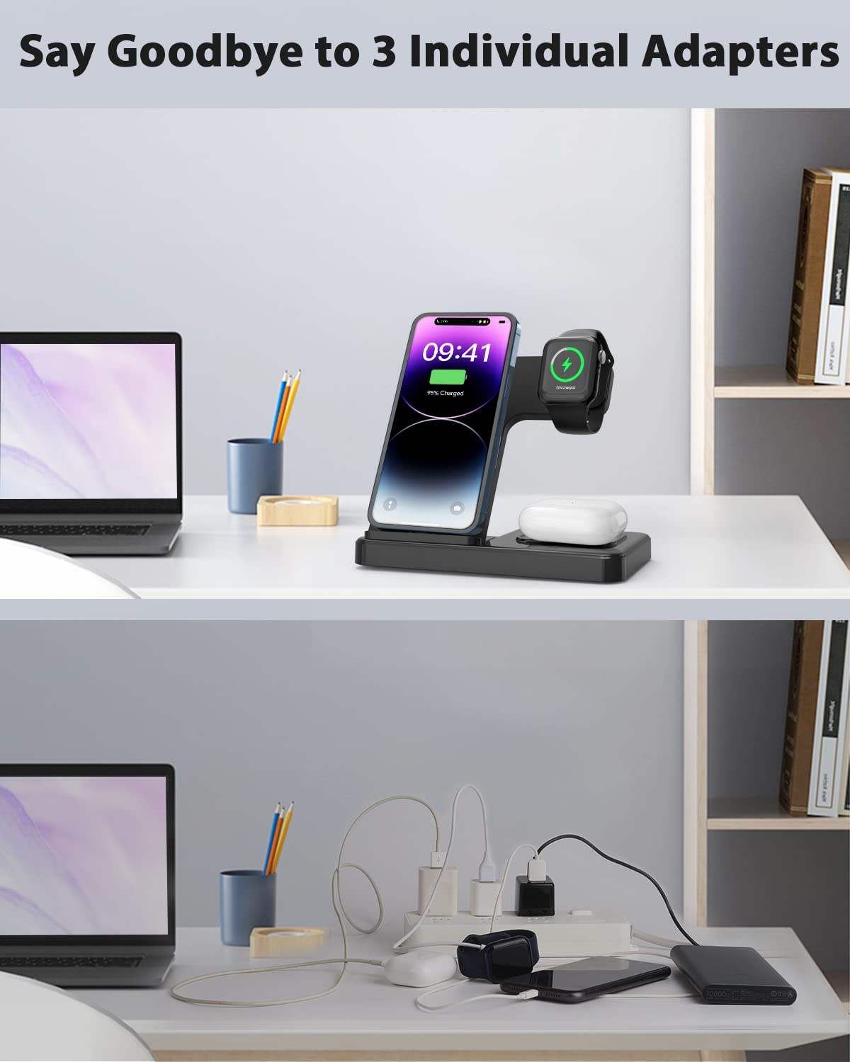 Wireless Charger for iPhone Charging Station: 3 in1 Charger Stand Foldable for Multiple Devices Apple-iPhone Series Apple Watch Airpods (Black)