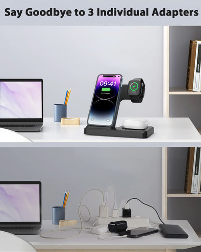 Wireless Charger for iPhone Charging Station: 3 in1 Charger Stand Foldable for Multiple Devices Apple-iPhone Series Apple Watch Airpods (Black)
