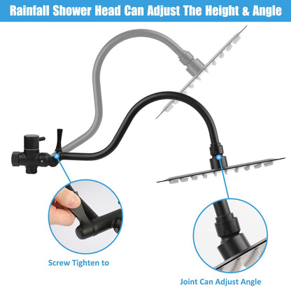 Taiker Shower Head, 8 Inch High Pressure Rainfall Shower Head/Handheld Showerhead Combo with 11.5 Inch Adjustable Curved Arm, Anti-leak Shower Head with Holder/Hose, Flow Regulator, Chrome (Black)