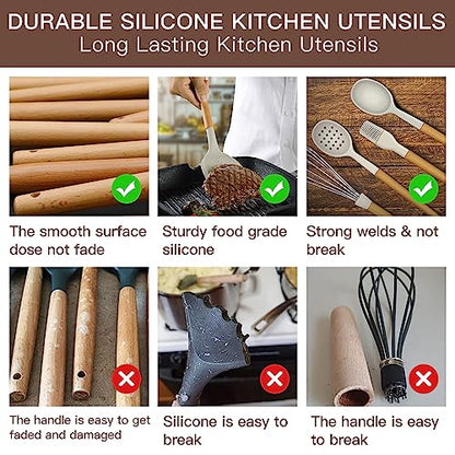Kitchen Cooking Utensils Set, 14 Non-Stick Silicone Cooking Kitchen Utensils Spatula Set with Holder, Wooden Handle Silicone Kitchen Gadgets Utensil Set for Nonstick Cookware (Khaki)