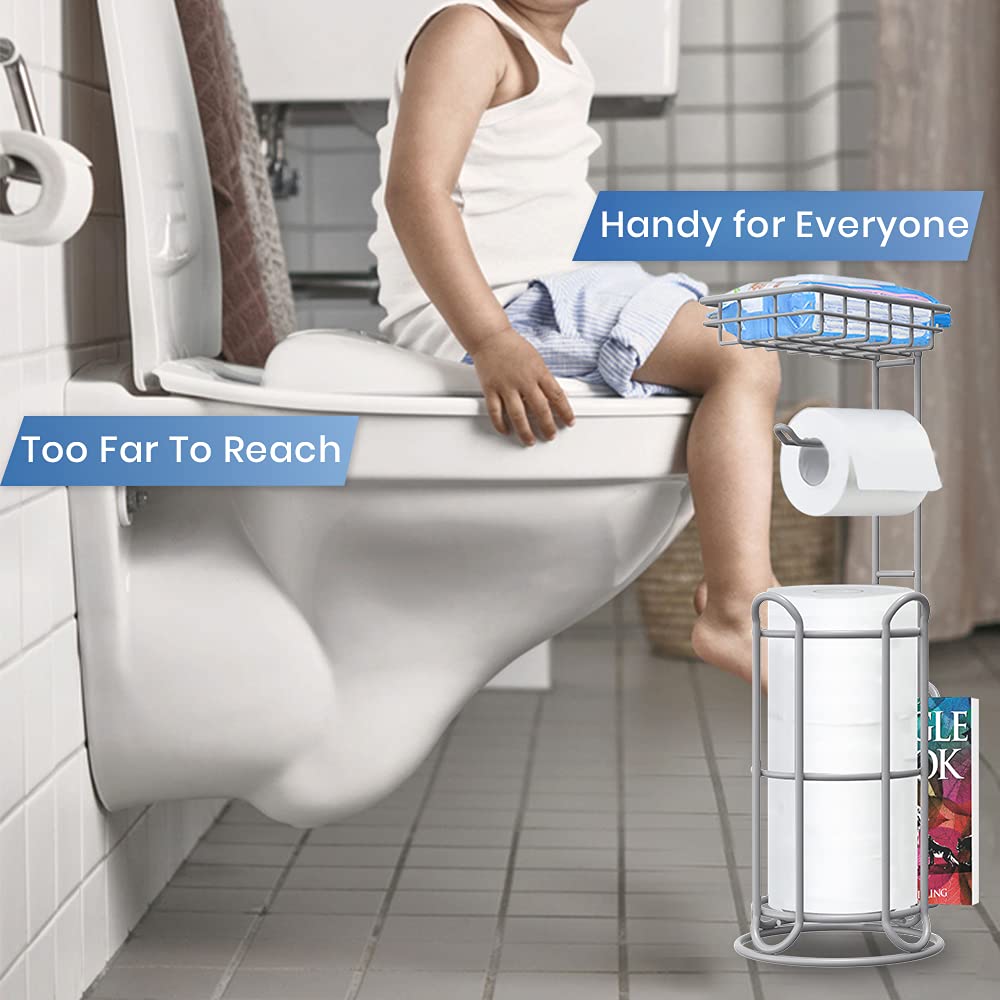 Silver Toilet Paper Holder Stand Bathroom Tissue Holder Free Standing Magazine Organizer Storage Larger Rolls Phone Wipes