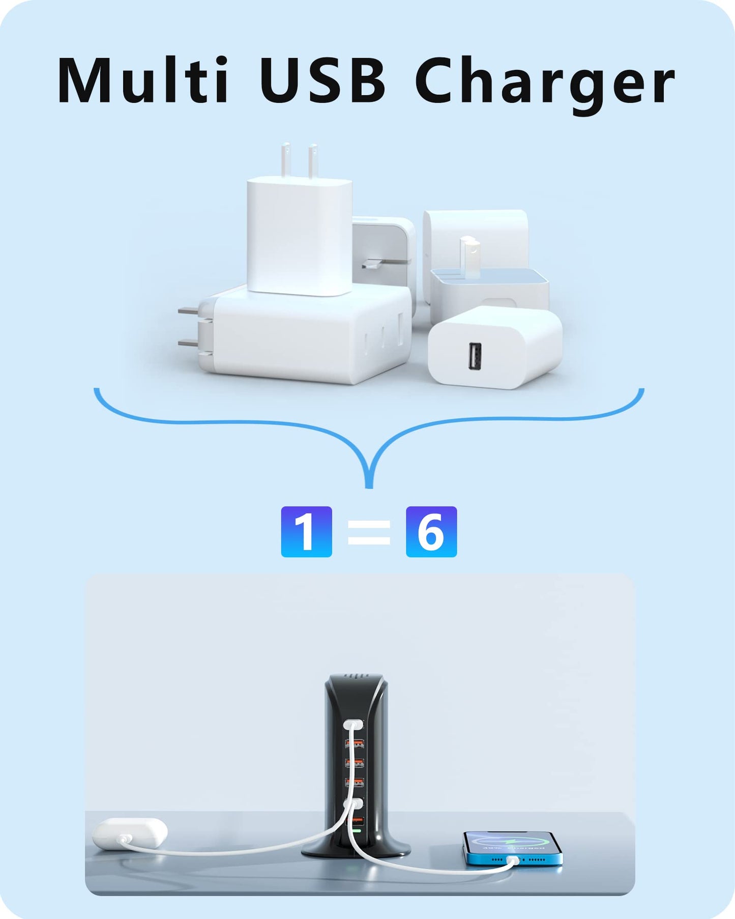 VPSUN USB Charger 6 Port 50W Multi USB Tower Charging Station for Multiple Devices iPhone 15/14/14 Pro/14 Pro Max/13 Pro/13 Pro Max/Android/Samsung/Tablet,etc(Black USB)