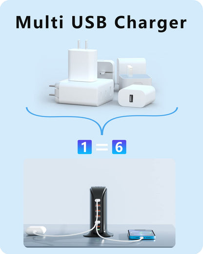 VPSUN USB Charger 6 Port 50W Multi USB Tower Charging Station for Multiple Devices iPhone 15/14/14 Pro/14 Pro Max/13 Pro/13 Pro Max/Android/Samsung/Tablet,etc(Black USB)