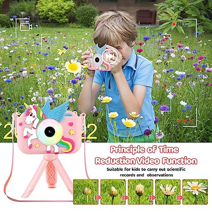 Kids Camera for Girls,2.4-in Kids Camera with Tripod Timelapse Camera with 32GB SD Card 1080 HD Digital Video Camera for 3-12 Years Old Girls Boys Toddler Selfie Camera with Silicone Cover