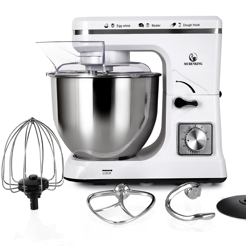 MURENKING Stand Mixer 5.3-Quart 500W,6+P Speed Tilt-Head Kitchen Electric Food Mixers Home Baking Dough Machine with Stainless Steel Bowl,Dough Hooks, Whisk, Beater, Pouring Shield (White)