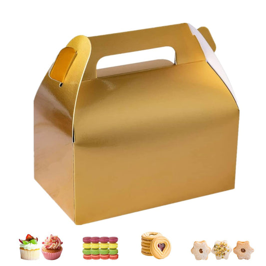 GUIFIER 25 Pack Gold Party Favor Boxes, Small Goodie Gift Boxes, Gable Gift Boxes Paper Candy Treat Boxes with Handles, Cookie Gift Boxes, Bakery Boxes, Picnic Boxes for Wedding Birthday Baby Shower - 6.5 x 3.6 x 3.4 inch