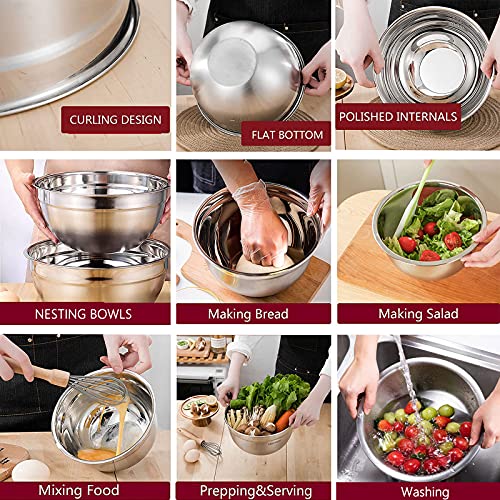 Mixing Bowls with Airtight Lids, 23PCS Large Stainless Steel Mixing Bowl Set & 400ML Measuring Cups & Baking Tools, Kitchen Utensils Metal Nesting Bowl 7/6/4.5/3.5/2.5QT for Prepping Cooking Serving
