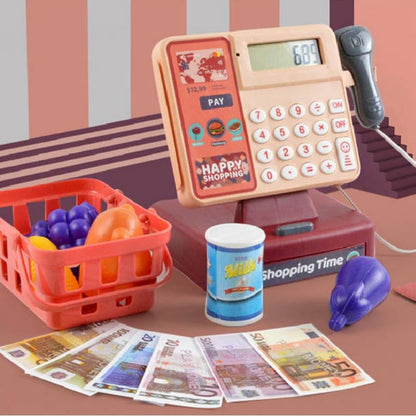 Doliremy Toy Cash Register, Supermarket Cash Register Role Play Set, Cash Register with Calculator,Sound and Light Scanner,Play House Shopping Food Toy,Ideal Gift for Children over 3+No battery(SYJ-002)