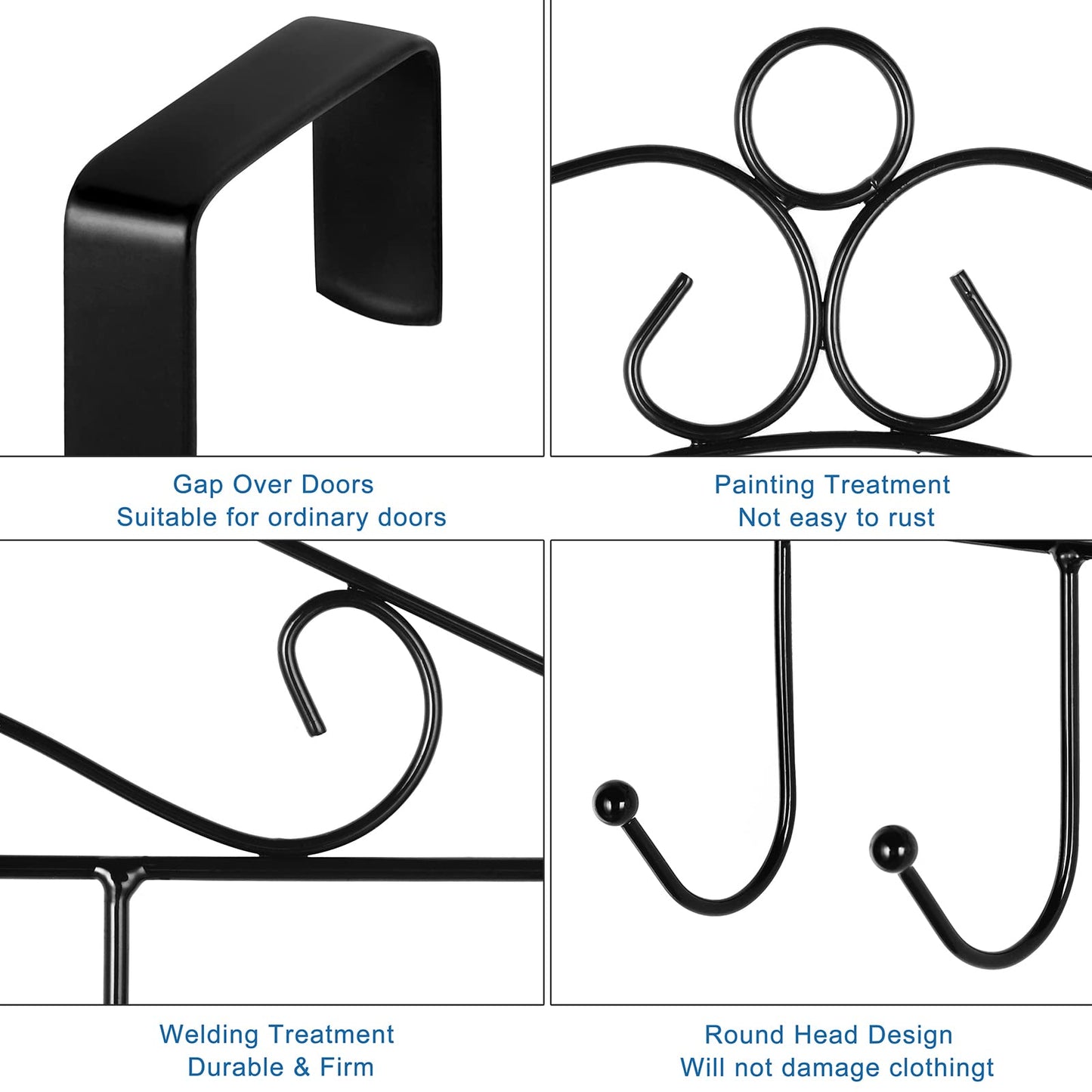 4 Pack Over The Door Hooks Hanger,Over The Door Towel Rack Coat Rack with 7 Hooks, Metal Hanging Organizer for Clothes Coat Hat Towel Bedroom Bathroom, Black