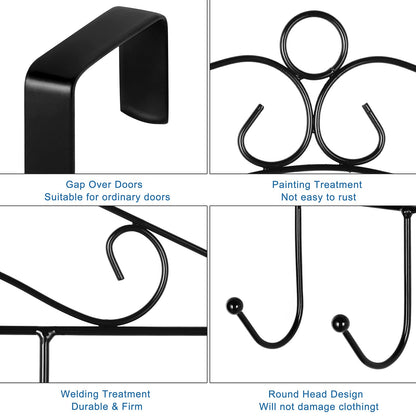 4 Pack Over The Door Hooks Hanger,Over The Door Towel Rack Coat Rack with 7 Hooks, Metal Hanging Organizer for Clothes Coat Hat Towel Bedroom Bathroom, Black
