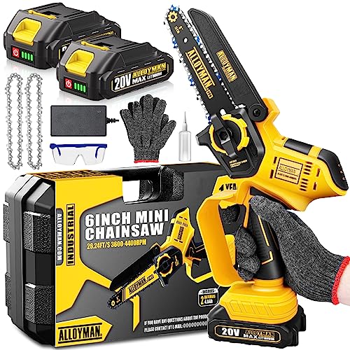 ALLOYMAN Mini Chainsaw 6-Inch Cordless | 26.2ft/s chain speed | Upgrade 775 Powerful motor | Tool Free Bar and Chain Adjustments | Handheld Small Chainsaw for Wood Cutting Tree Trimming