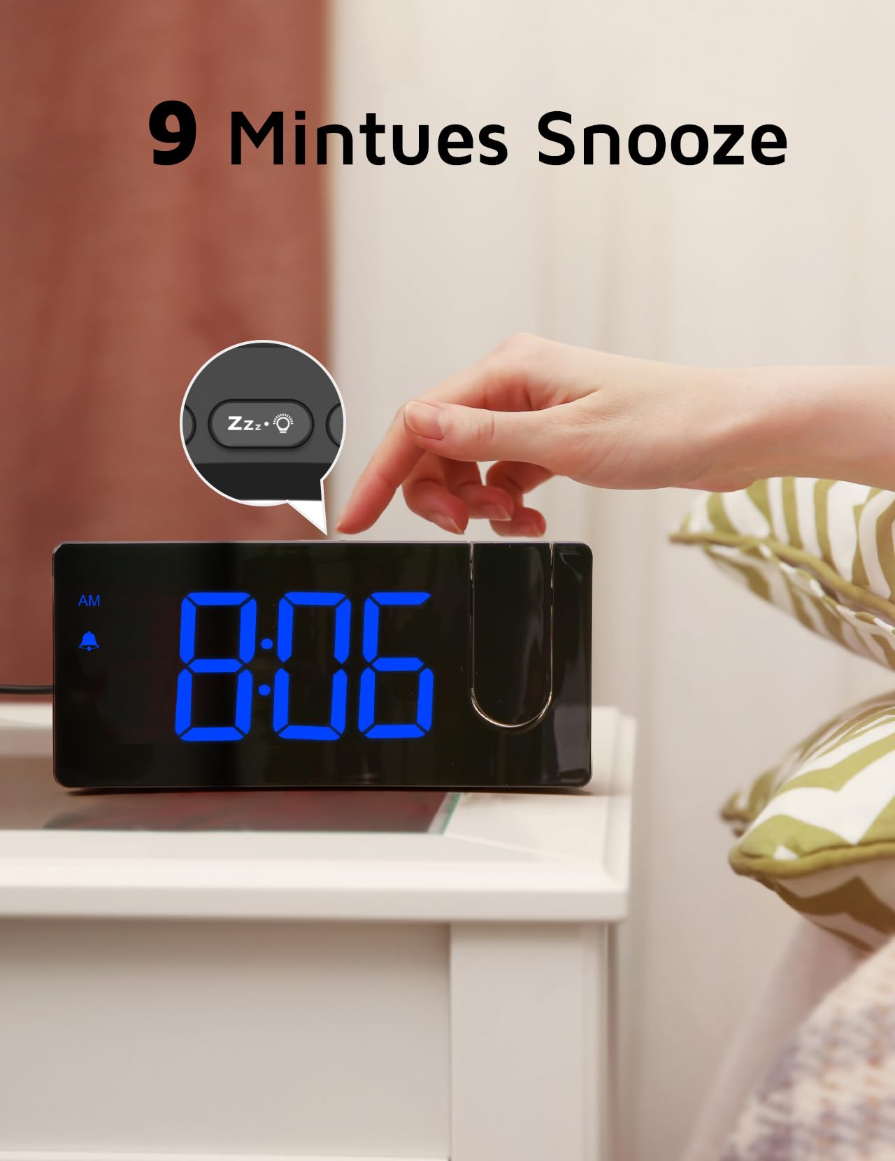 Projection Alarm Clock, Digital Clock with 180° Rotatable Projector, 3-Level Brightness Dimmer, Clear LED Display, USB Charger, Progressive Volume, 9mins Snooze,12/24H, for Bedroom