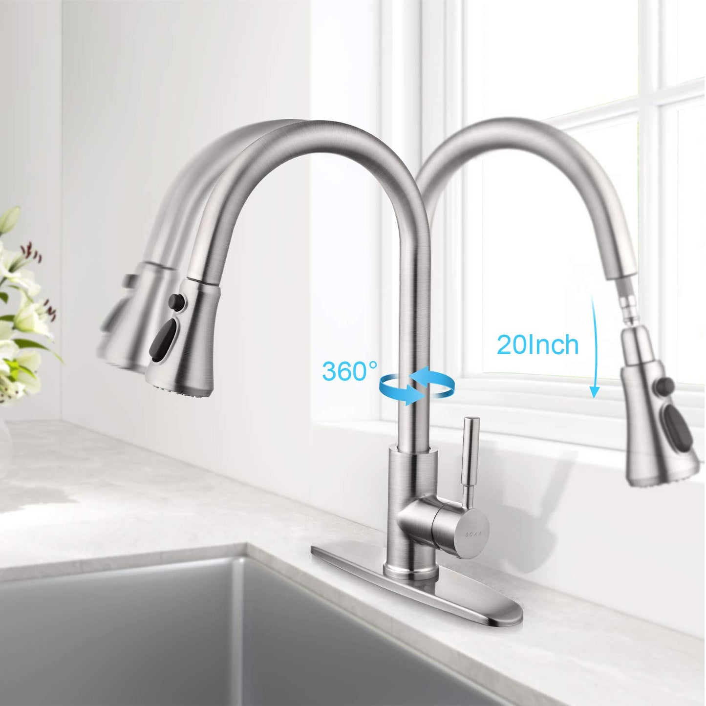 SOKA Commercial Kitchen Faucet with Pull Down Sprayer RV Touch Faucet for Kitchen Sink Singel Handle Travel Trailer Brushed Nickel Kitchen Faucet High Arc Fit for 1 & 3 Hole with Desk Plate