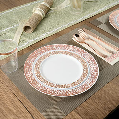 175 Piece Rose Gold Dinnerware Set 25 Guest-50 Rose Gold Lace Plastic Plates-25 Plastic Silverware-25 Plastic Cups-25 Linen Like Paper Napkins, FOCUSLINE Disposable Dinnerware Set