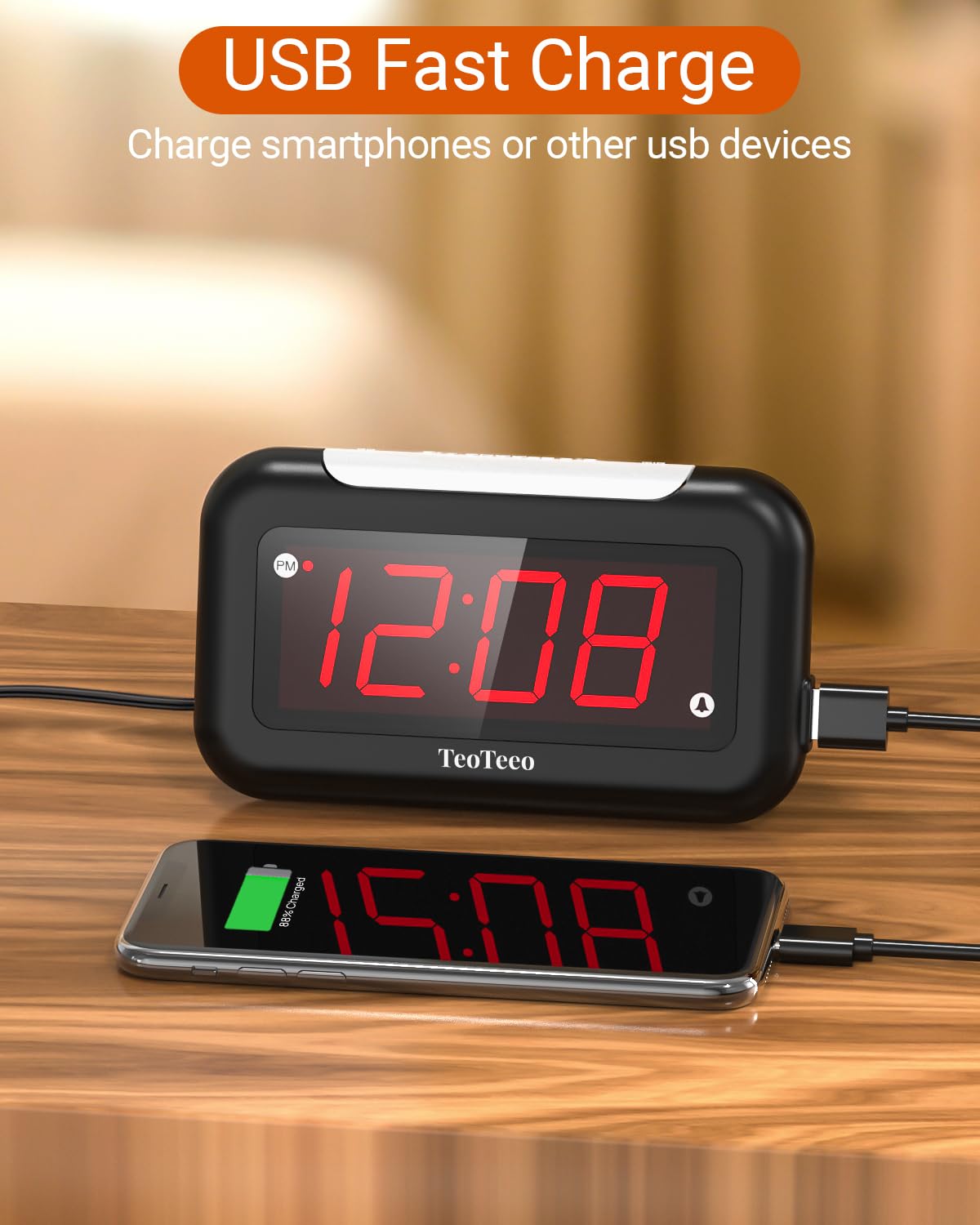 TeoTeeo Alarm Clock with Red Digits,3 Level NightLight Alarm Clocks for Bedrooms,Plug in Digital Clock with USB Charging Port,Adjustable Volume,Dimmable,Snooze,Alarm Clock for Kids