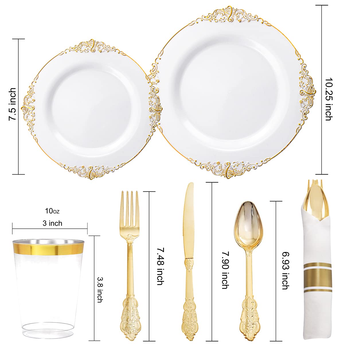 Nervure 350PCS White and Gold Plastic Plates & Pre Rolled Napkins with Plastic Cutlery for 50 Guests-Gold Disposable Plates, 150 Gold Plastic Silverware, 50Cups, 50Napkins for Wedding & Party