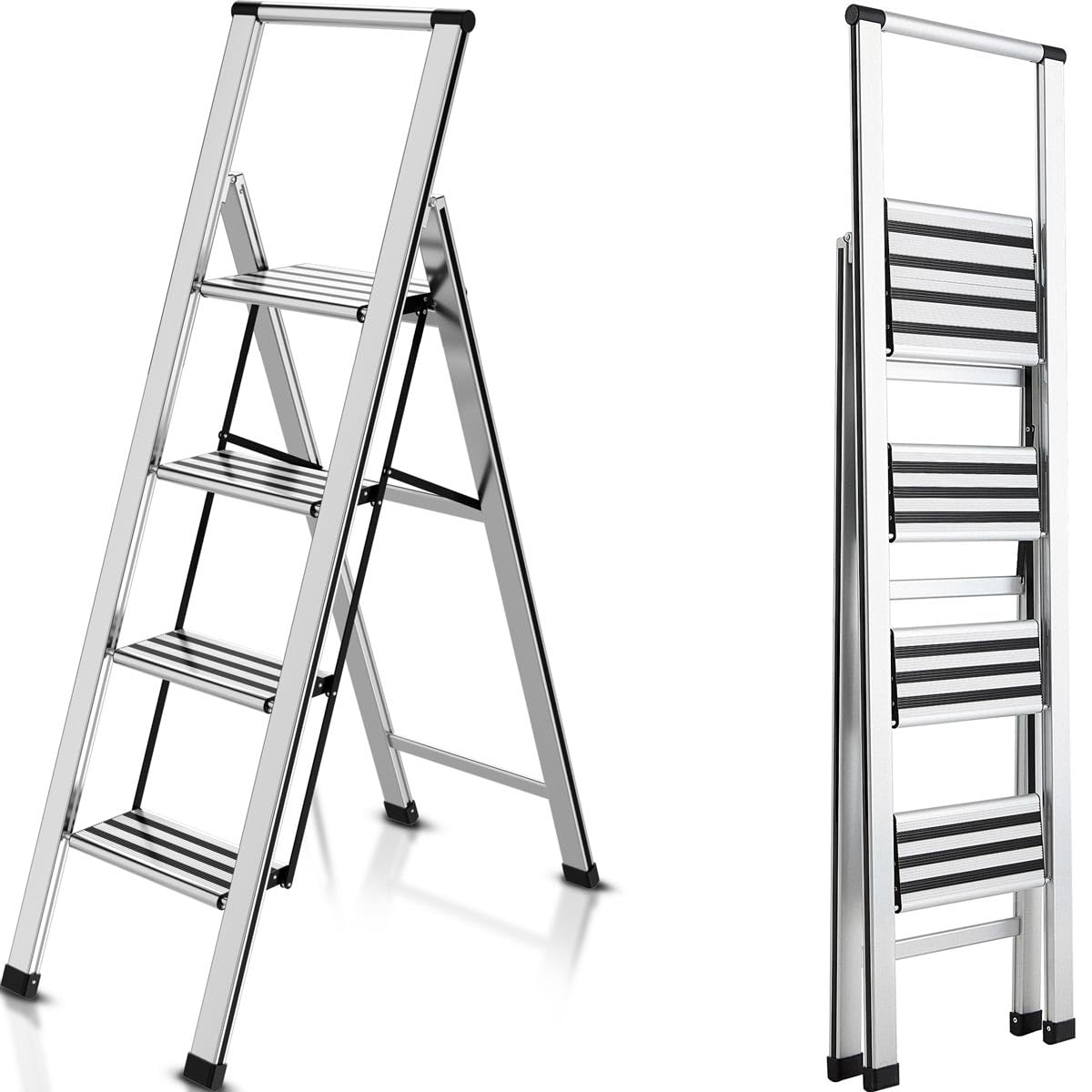 4 Step Ladder 4 Step Folding Step Stool with Handrails Wide Work Platform, Aluminum A Frame Ladder, 7KG Portable Ladder, Lightweight Ladder for Kitchen Home Work Library House Indoor