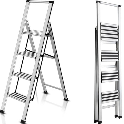 4 Step Ladder 4 Step Folding Step Stool with Handrails Wide Work Platform, Aluminum A Frame Ladder, 7KG Portable Ladder, Lightweight Ladder for Kitchen Home Work Library House Indoor