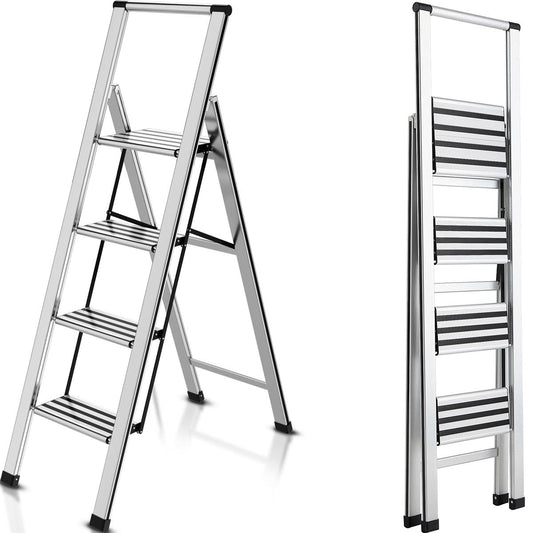 4 Step Ladder 4 Step Folding Step Stool with Handrails Wide Work Platform, Aluminum A Frame Ladder, 7KG Portable Ladder, Lightweight Ladder for Kitchen Home Work Library House Indoor