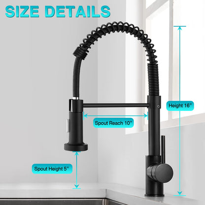 Stylish Kitchen Faucets with Pull Down Sprayer, Food Grade Material 304 Stainless Steel Single Handle Spring Kitchen Sink Faucet for Home,Commercial,rv Kitchen - Matte Black