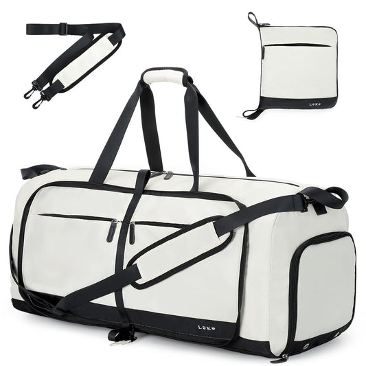 Lekesky Travel Duffel Bag Bag for Women 80L Large Duffel Bag Foldable Weekender Bag with Shoes Compartment(02White)