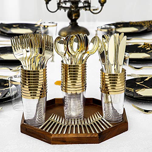 N9R 225pcs Black Gold Plastic Plates, Disposable Dinnerware Set Include 25 Dinner Plates, 25 Dessert Plates, 25 Gold Plastic Silverware, 25 Mini Forks, Gold Cups, Napkins and Table Cards for Party