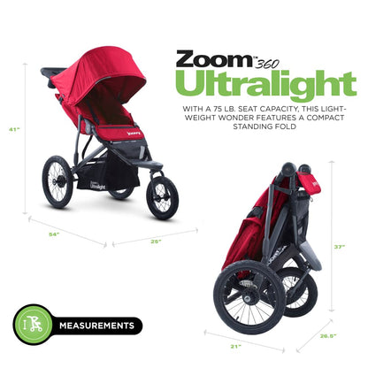 Joovy Zoom360 Ultralight Jogging Stroller Featuring High Child Seat, Shock-Absorbing Suspension, Extra-Large Air-Filled Tires, Parent Organizer, Air Pump, and Easy One-Hand Fold (Red)