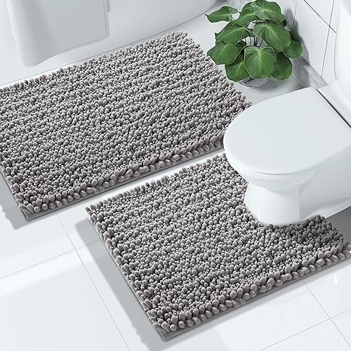 Yimobra Bathroom Rugs Sets 2 Piece, Extra Soft Thick Chenille Bath Mat and U-Shaped Toilet Rug, Non-Slip Absorbent Water Shower Rug Carpet for Bathroom Floor, Machine Washable, 24x17+24x20 Inch Grey