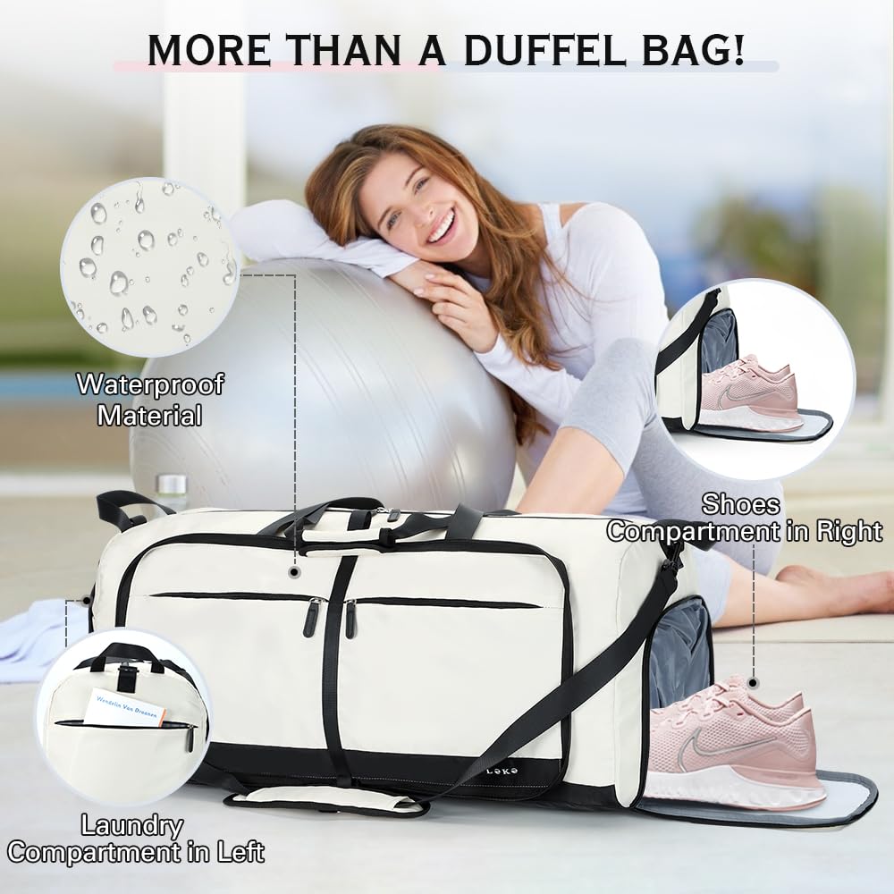 Lekesky Travel Duffel Bag Bag for Women 80L Large Duffel Bag Foldable Weekender Bag with Shoes Compartment(02White)