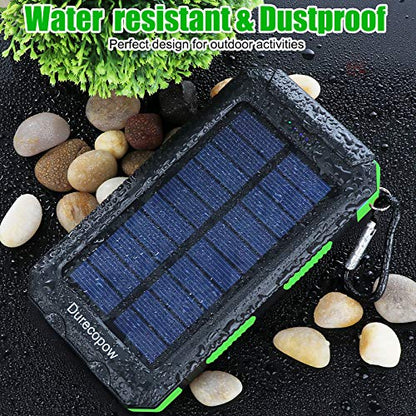 Durecopow Solar Charger, 20000mAh Portable Outdoor Waterproof Solar Power Bank, Camping External Backup Battery Pack Dual 5V USB Ports Output, 2 Led Light Flashlight with Compass (Green)