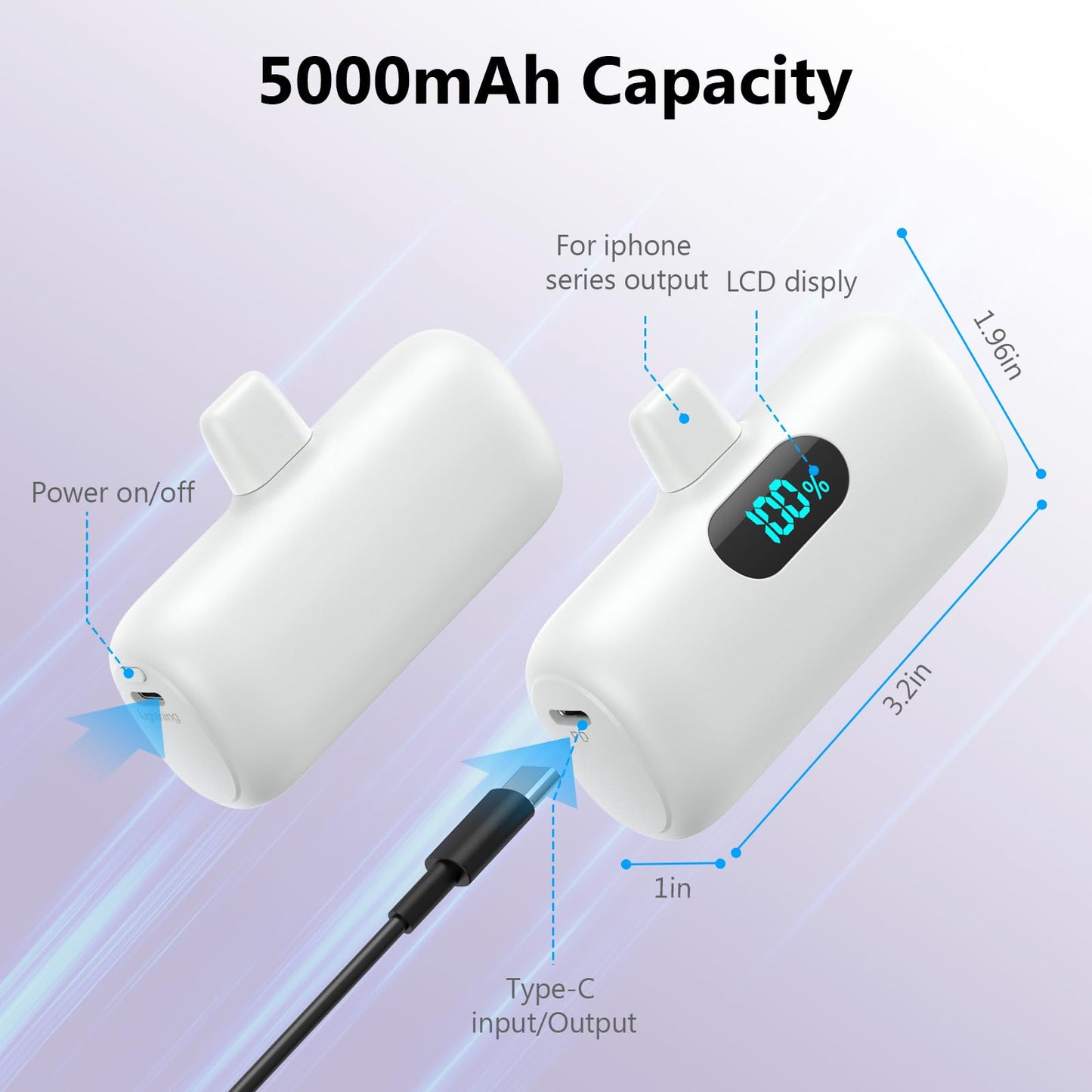 [2 Pack]Mini Portable Charger 5000mAh,Ultra-Compact 15W PD Fast Charging Power Bank,LCD Display Cute Battery Pack Backup Charger Compatible with iPhone 14/14 Pro Max/13/13 Pro/12/XR/8/7/6-Black+White