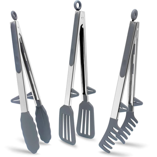 Kitchen Tongs, 12" Tongs for Cooking with Silicone Tips, Food Grade Small Silicone Tongs, 3 Types of Mini Serving Tongs for BBQ Salad, Grey