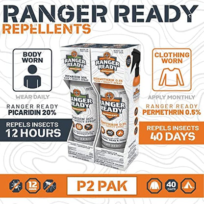 Ranger Ready P2Pak Permethrin + Picaridin Tick & Insect Repellent, Scent Zero, 8 Fl Oz. (Pack of 2)